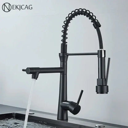 Modern led chrome kitchen faucet with decorbites dual nozzle and coiled spring spout pull-down spray head design