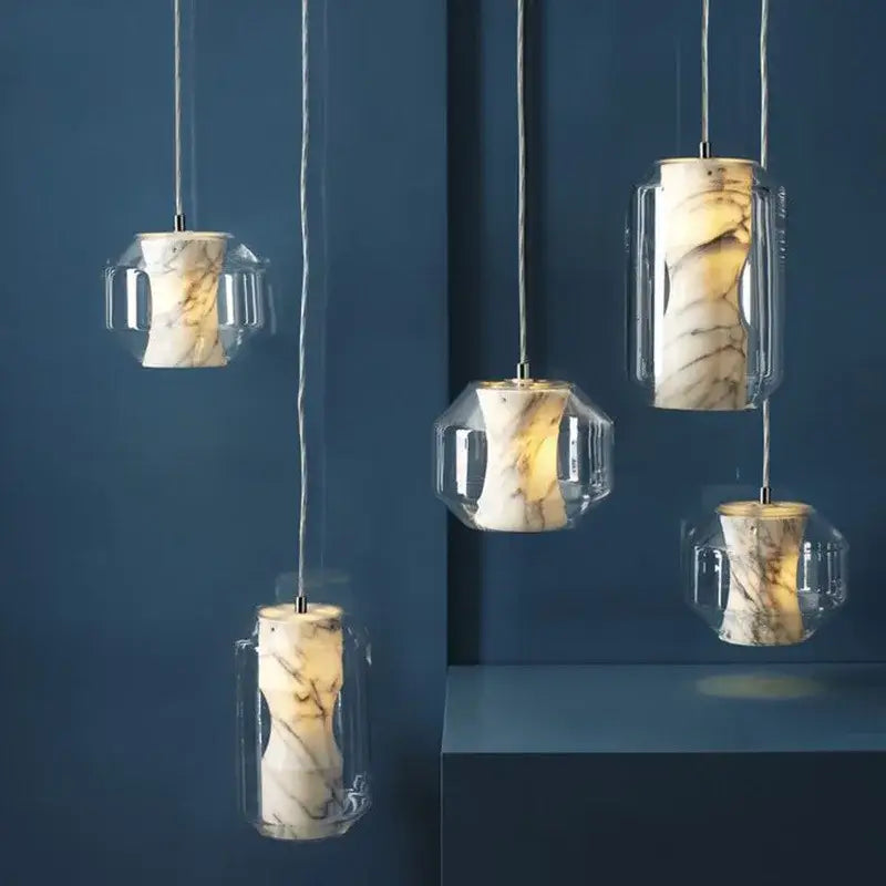 Modern led glass pendant light with clear glass and white marble interiors by decorbites for dining room decor
