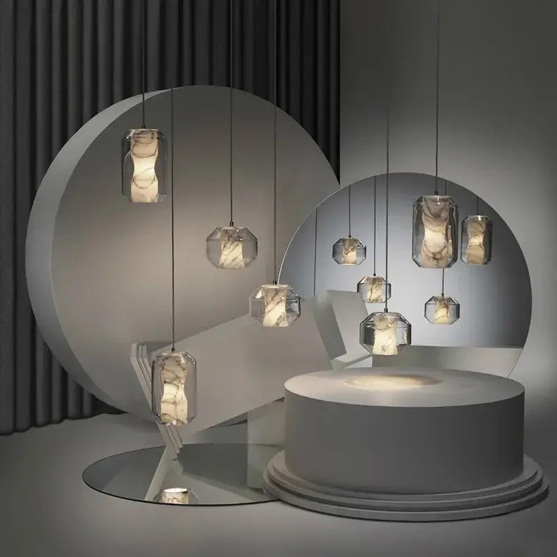 Modern led glass marble pendant light features geometric clear glass and marble interior for dining room decorbites modern led