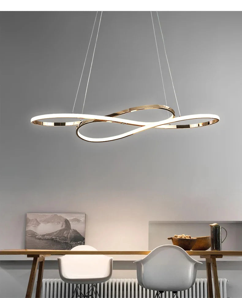 Modern led infinity-shaped pendant light with gold electroplated finish and remote dimming for dining room decor