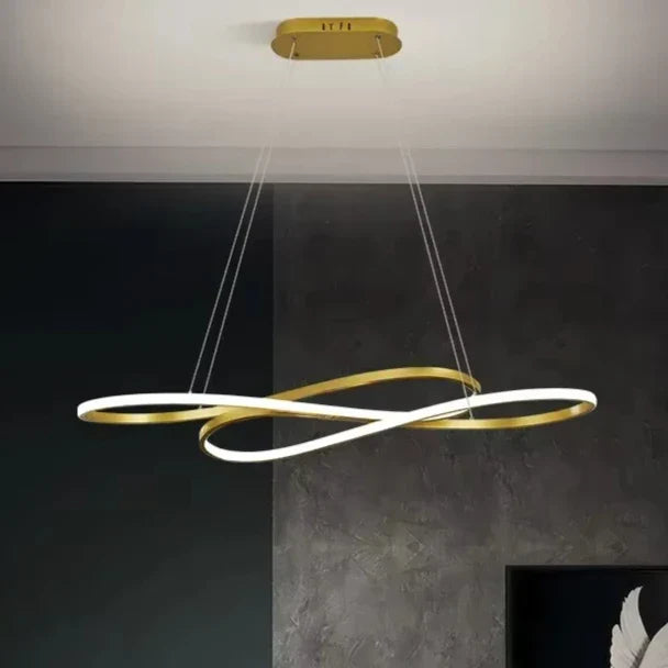 Modern led gold and white electroplated infinity-shaped chandelier with remote dimming for dining and kitchen island decor