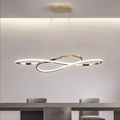 Modern led infinity-shaped pendant light with sleek gold electroplated rings and remote dimming for dining room decor