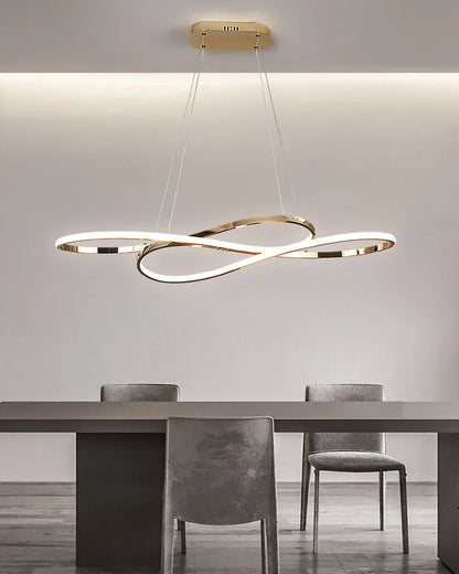 Modern led infinity-shaped pendant light with sleek gold electroplated design and remote dimming for dining room decor