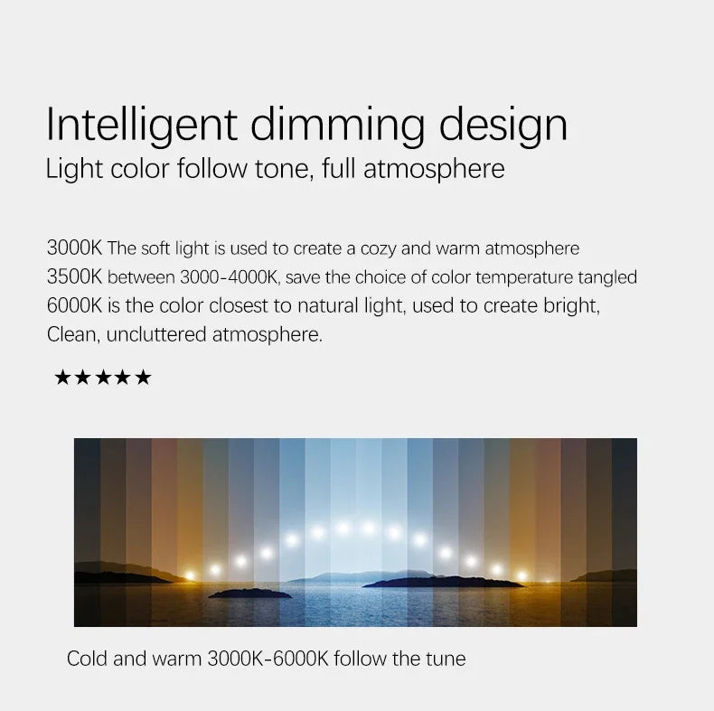 A modern led long ceiling chandelier with adjustable warm to cool light temperatures for dining and kitchen decor