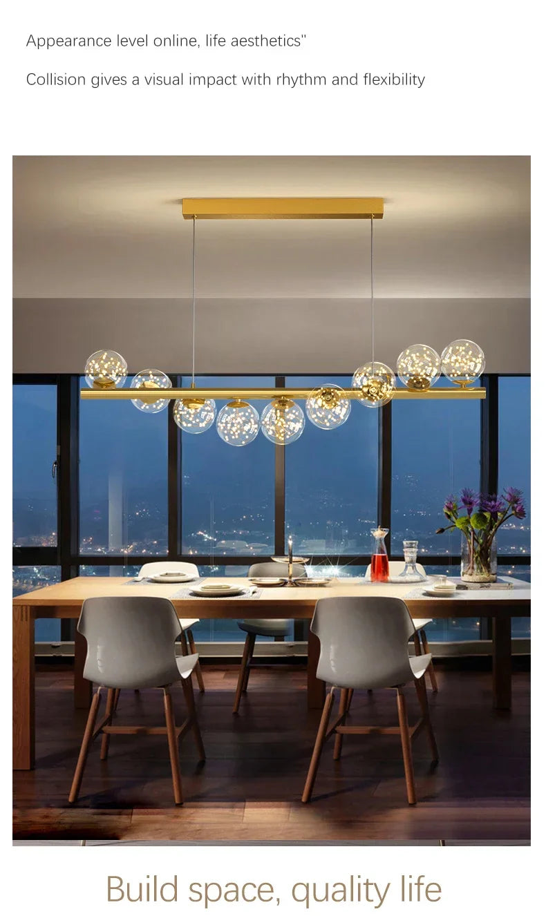 Gold-toned modern led long ceiling chandelier with spherical glass balls and warm illumination for dining room
