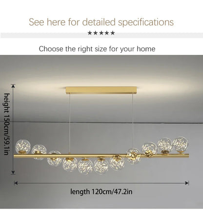 Gold-toned modern led ceiling chandelier with clear spherical glass bulbs on a sleek horizontal bar for dining rooms