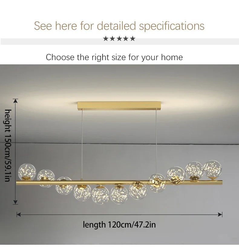 Gold-toned modern led ceiling chandelier with clear spherical glass bulbs on a sleek horizontal bar for dining rooms