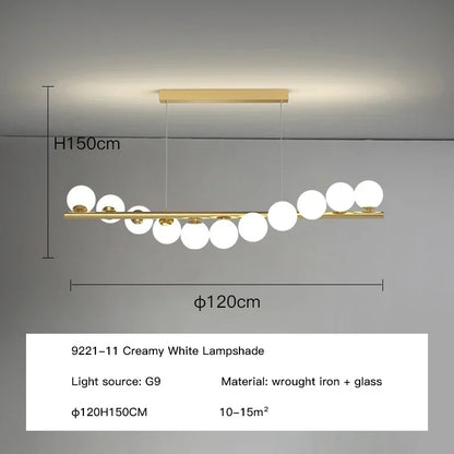 Modern led long ceiling chandelier with gold-toned wrought iron frame and creamy white glass spherical lampshades