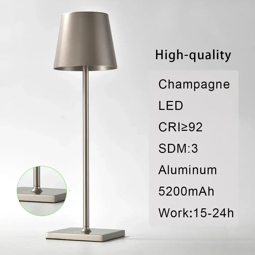 Modern led mosaic table lamp with champagne aluminum body and tapered shade featuring wireless charger for bedroom use
