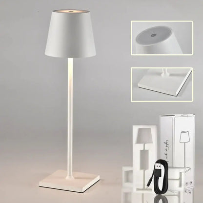 White minimalist modern led mosaic table lamp with a cylindrical shade and wireless charger for bedroom use