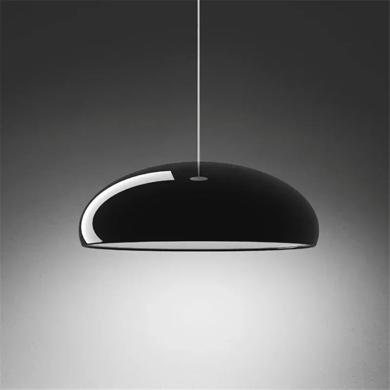 Black dome-shaped pendant light with sleek glossy finish and round aluminum lampshade for modern room decor
