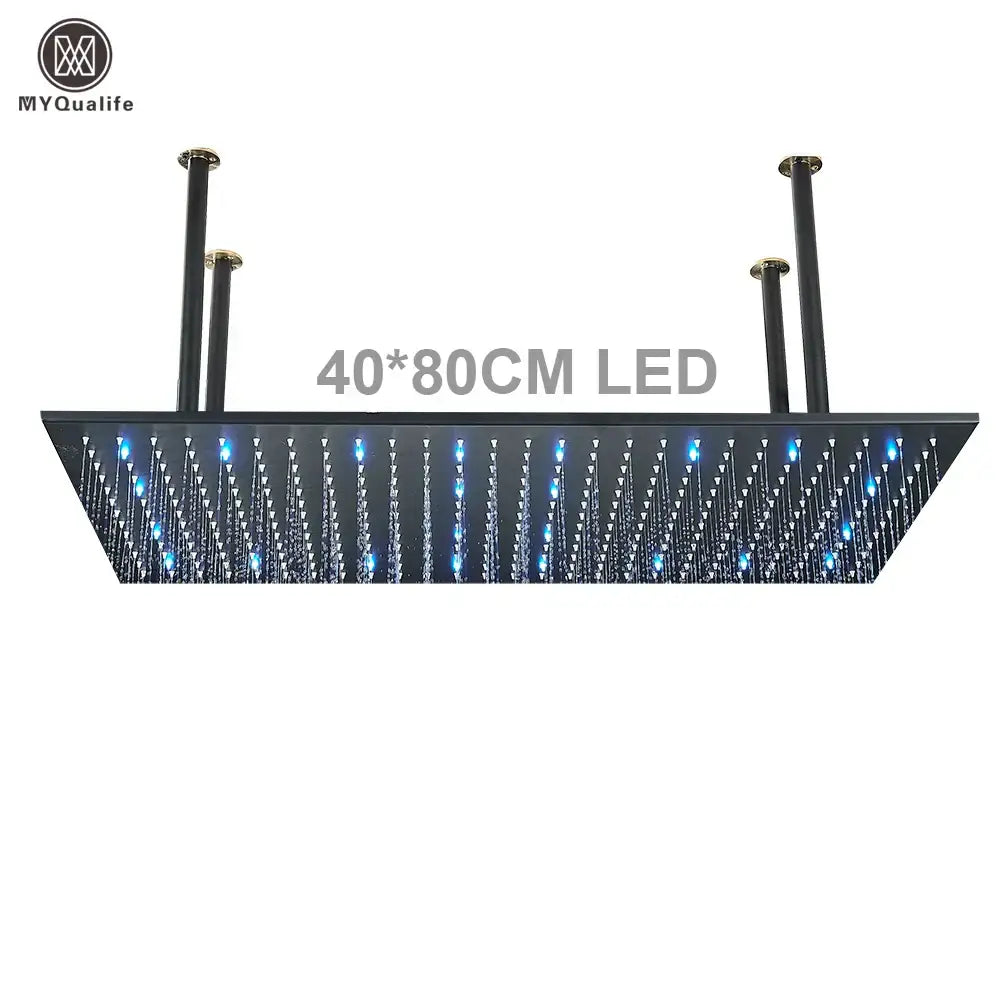 Black rectangular modern led rainfall shower head with blue lights and multiple water jets for luxury bathroom use