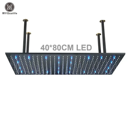Black rectangular modern led rainfall shower head with blue lights and multiple water jets for luxury bathroom use