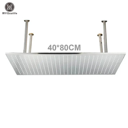 Silver rectangular led rainfall shower head with multiple water jets for modern bathroom color changing luxury use