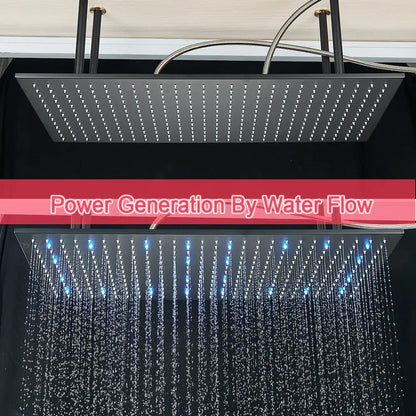 Modern black square rainfall shower head with integrated blue led lights and multiple water jets for luxury bathroom use