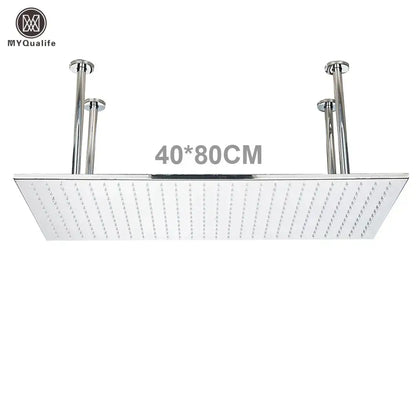 Modern led rainfall shower head with chrome finish rectangular design and evenly spaced water jets for luxury bathroom use