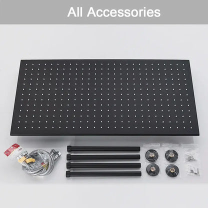 Black metal pegboard with evenly spaced holes for organizing tools beside modern led rainfall shower head bathroom accessory