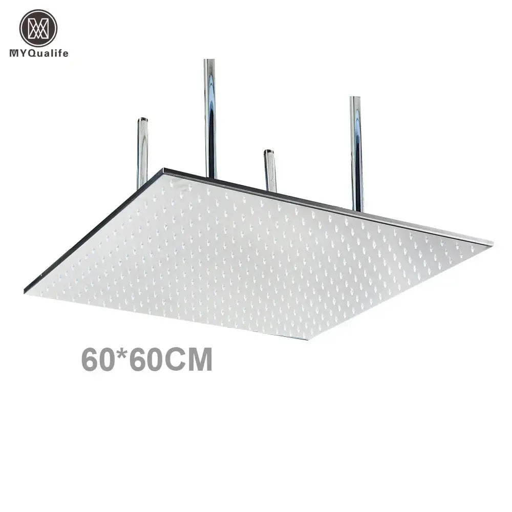 Modern led rainfall shower head in chrome finish with textured perforated surface and four mounting rods for bathroom use