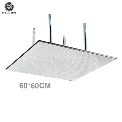 Modern led rainfall shower head in chrome finish with textured perforated surface and four mounting rods for bathroom use