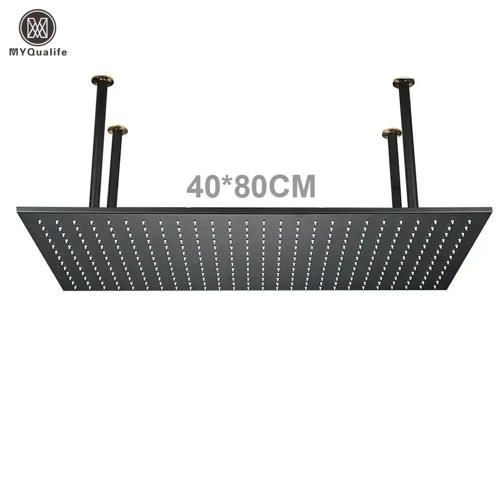 Black matte rectangular modern led rainfall shower head with grid nozzles and four mounting poles for bathroom luxury