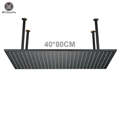 Black matte rectangular modern led rainfall shower head with grid nozzles and four mounting poles for bathroom luxury