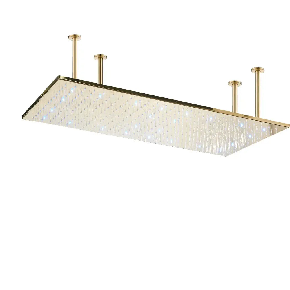 Gold-toned rectangular modern led rainfall shower head with multiple water jets and embedded color changing lights