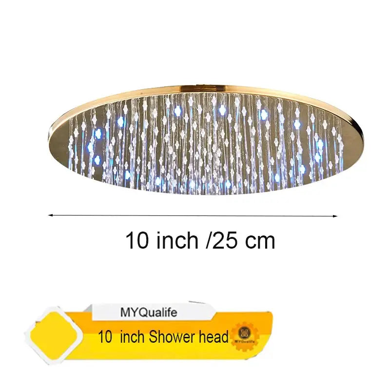 Modern led round gold shower head with blue led lights and crystal droplet water streamers for bathroom use