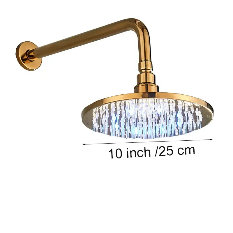 Modern led round gold shower head with circular crystal droplet design and blue led lighting for bathroom use