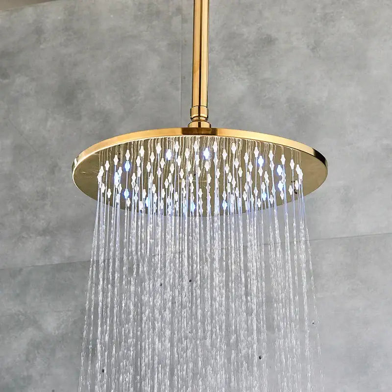 Modern led round gold shower head with crystal droplet design embedded with beads and led lights for bathroom use