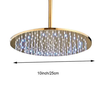 Modern led round gold shower head featuring blue led lights and crystal droplet design for bathroom elegance