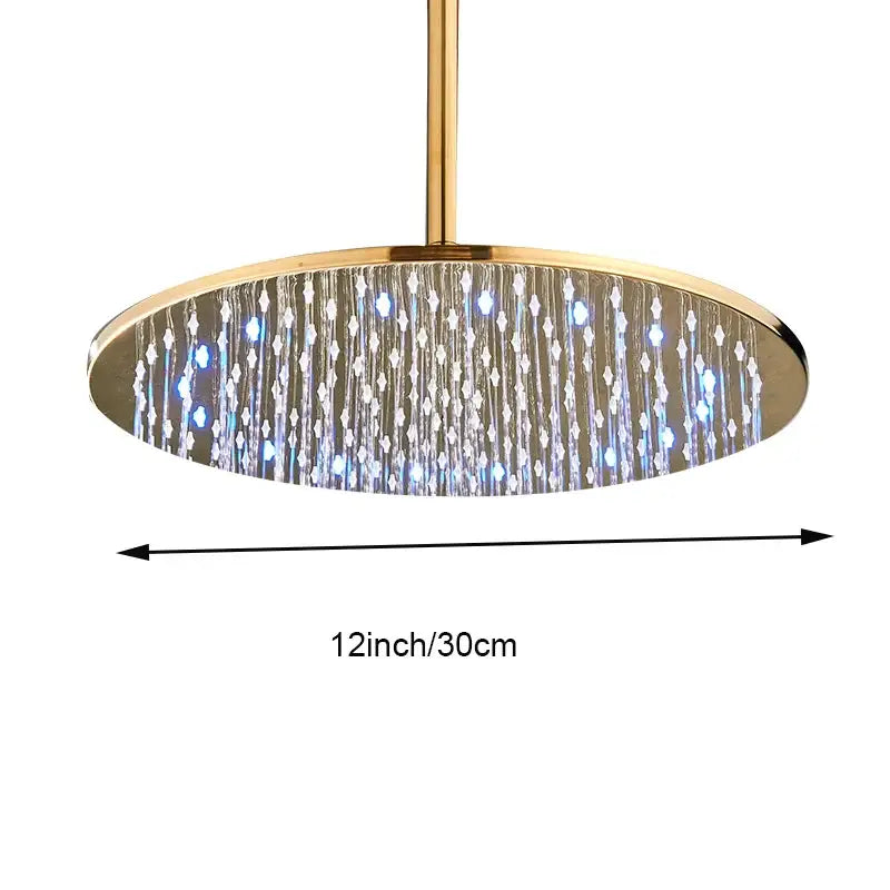 Modern led round gold shower head with embedded blue led lights and crystal droplet design for bathroom use