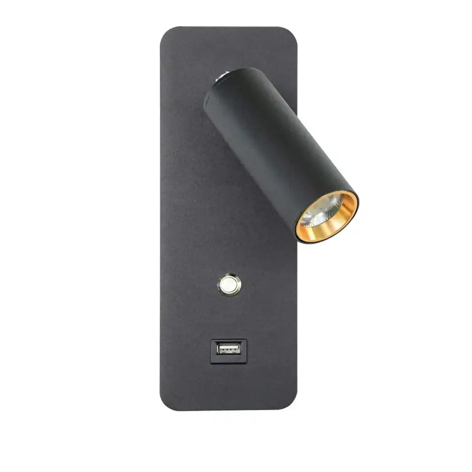 Black matte wall lights with gold-accented cylindrical head and usb charging port for modern bedroom sconce decorbites led wall