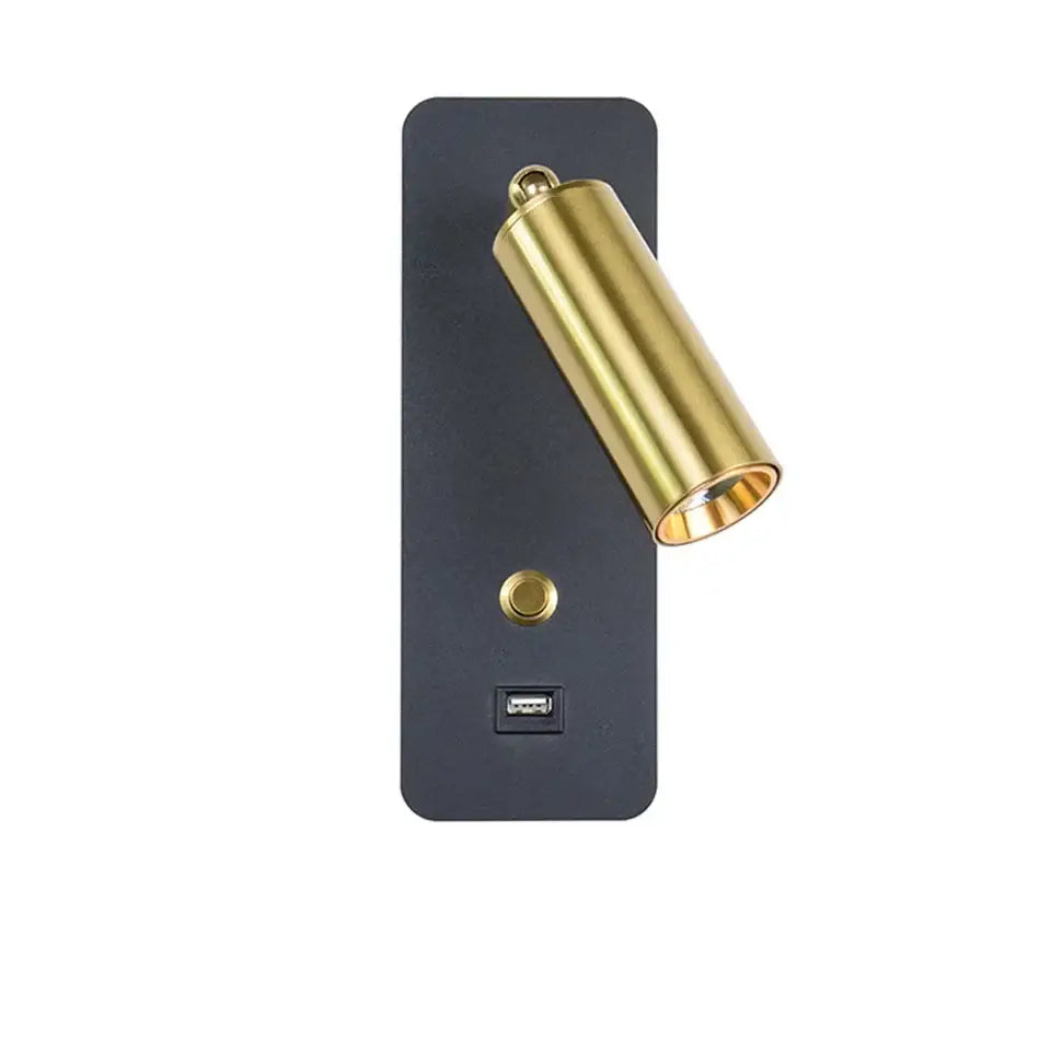 Gold-finished cylindrical led wall light with black base control button and usb port for bedroom decorbites led wall use