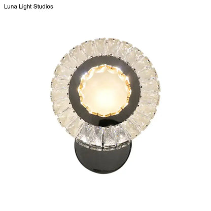 Modern led wall mount lamp with clear rectangle-cut crystals and a circular wall lamp design for bedroom lighting