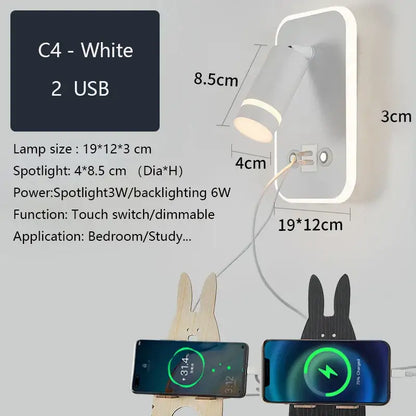 White c4 modern led wall sconce with dimmable spotlight touch switch and two usb ports for bedroom reading light decorbites led wall