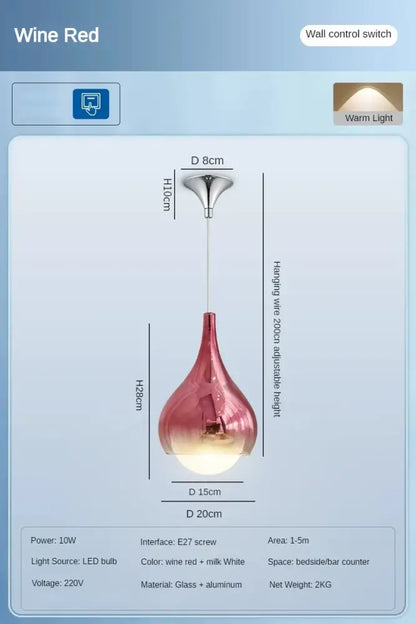 Modern led water droplet ceiling chandelier bedroom pendant light with sleek wine red and milk white gradient glass and aluminum fixture