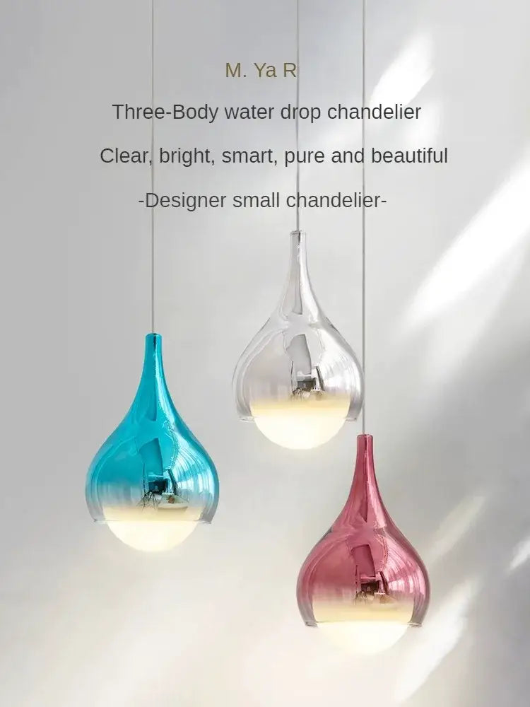 Modern led water droplet ceiling chandelier with three-body clear blue and pink gradient glass for bedroom decorbites led water