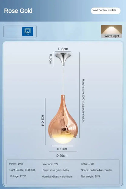 Rose gold modern led water droplet ceiling chandelier with teardrop glass shade and aluminum fixture for bedroom decorbites led water
