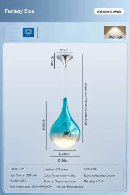 Modern led water droplet ceiling chandelier with fantasy blue gradient glass pendant and aluminum fixture for dining room decorbites led water