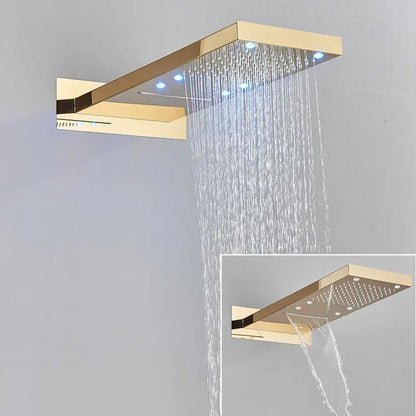Gold-colored rectangular modern led waterfall shower head with blue led lights and multiple spray settings