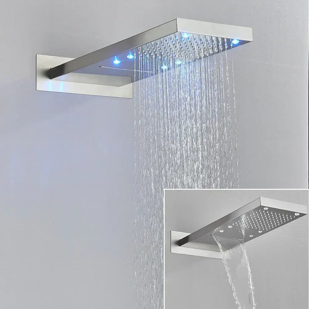 Modern rectangular chrome shower head with integrated blue led lighting for a sleek led waterfall shower experience