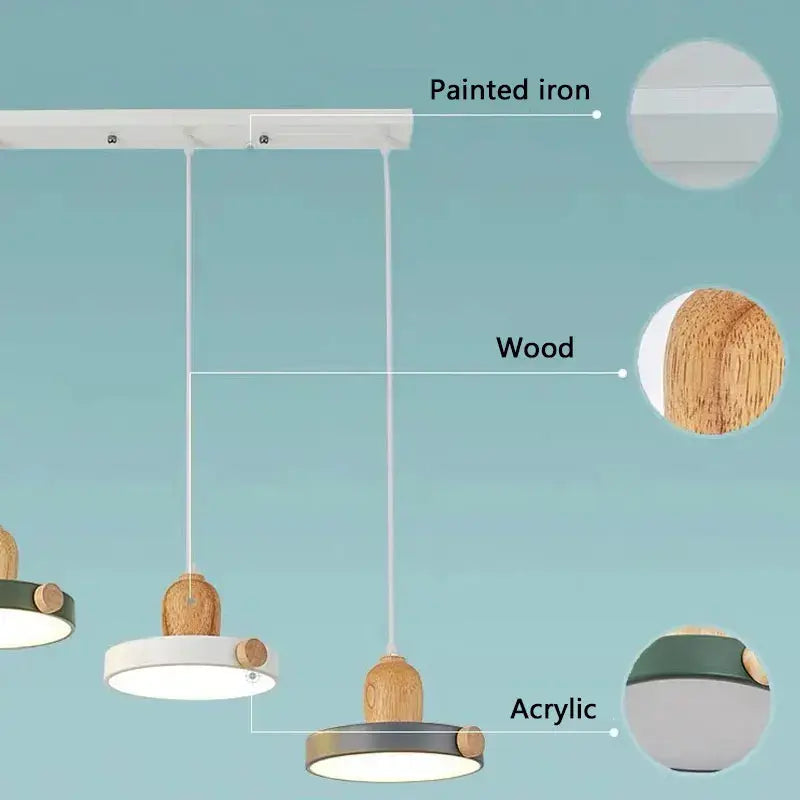 Modern led wood iron pendant light in green white and gray featuring painted iron wood and acrylic for bedroom decorbites led wood