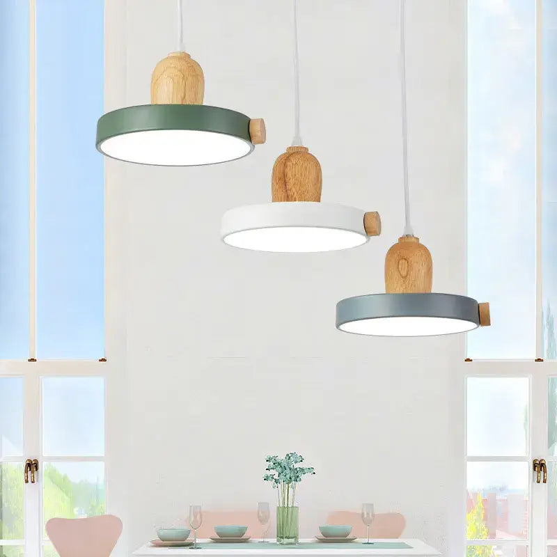 Three modern pendant light with wooden tops and circular green white and gray led wood iron shades for bedroom decorbites led wood