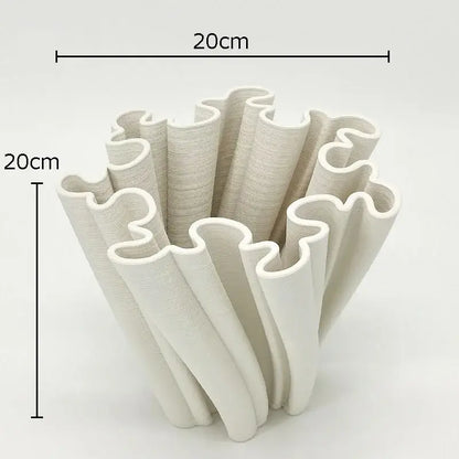 White ceramic bud shape ceramic vase with ruffled sculpted design for modern living room decorbites coral decor