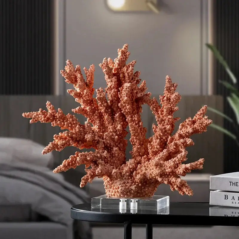 Modern coral resin sculpture in warm terracotta with intricate branches on clear acrylic base for living room decor