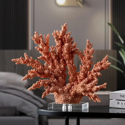Modern coral resin sculpture in warm terracotta with intricate branches on clear acrylic base for living room decor