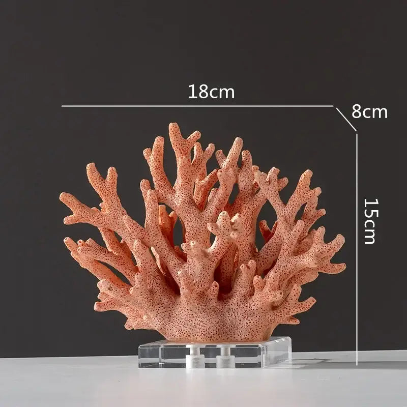 Modern light blue coral resin sculpture with textured porous surface in warm peachy orange tones for living room decor