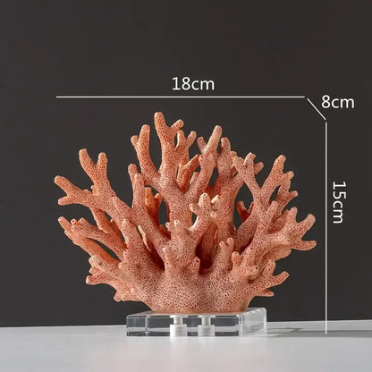 Modern light blue coral resin sculpture with textured porous surface in warm peachy orange tones for living room decor