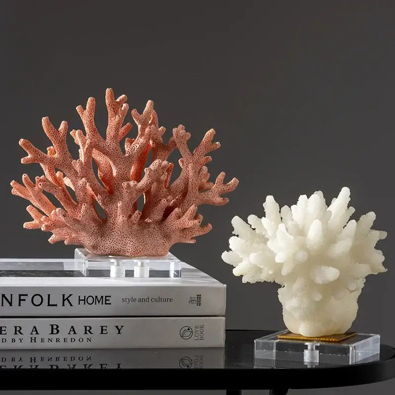 Modern light blue coral resin sculpture with intricate matte peach coral resin details on acrylic stand for living room decor