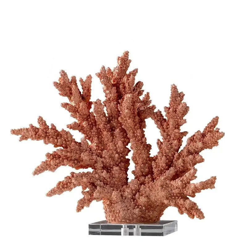 Modern light blue coral resin sculpture with intricate branching in peachy-orange hue on clear acrylic base for living room